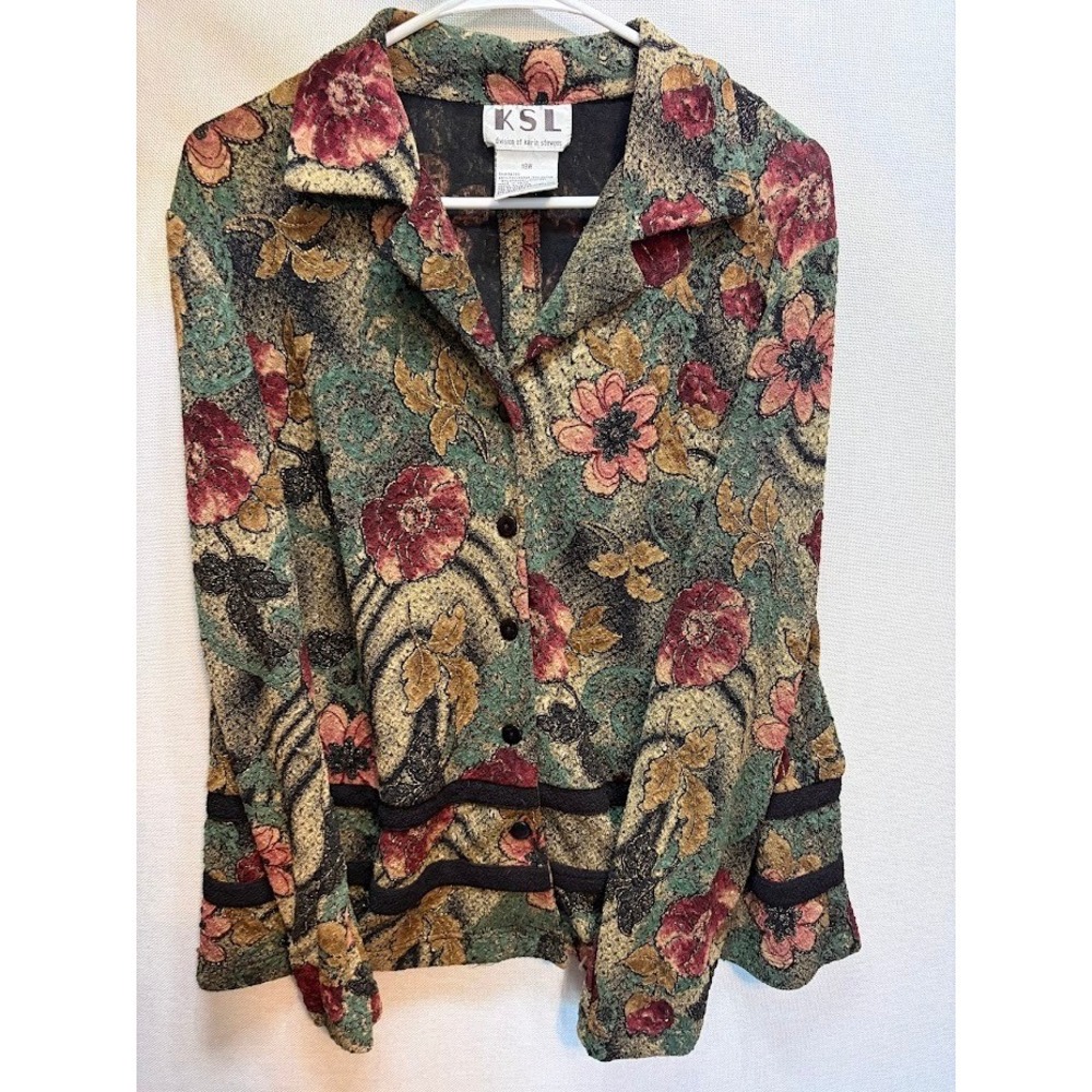 KSL Karin Stevens Floral Tapestry Blazer Jacket Green Burgundy Vintage Style 18W